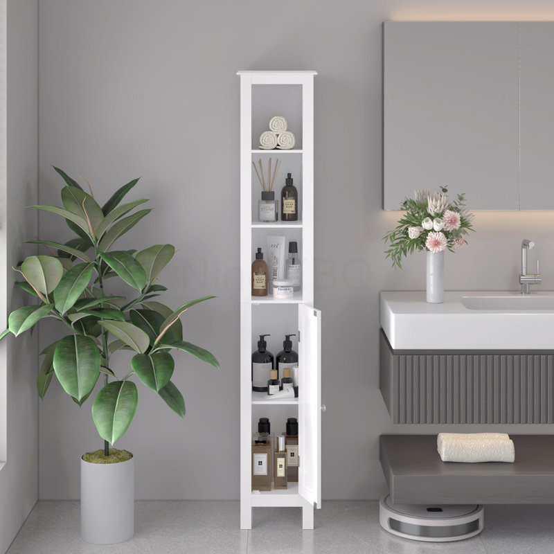 66.92" Tall Bathroom Storage Cabinet With Adjustable Shelves,Slim 1 Doors Freestanding Cabinet With Anti-Tip, Open Compartments