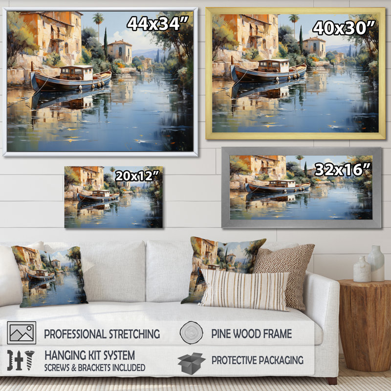 Beige canal impressionniste - imprimé, H 24 po x l 32 po x P 1 po, Cadre flottant blanc