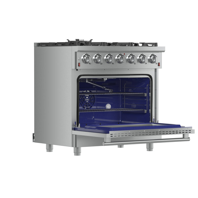 Cuisinière au gaz 36 pouces en acier inoxydable Massimo, 6 brûleurs, 83 000 BTU, 5,36 cu. pi., friteuse à air, plaque chauffante
