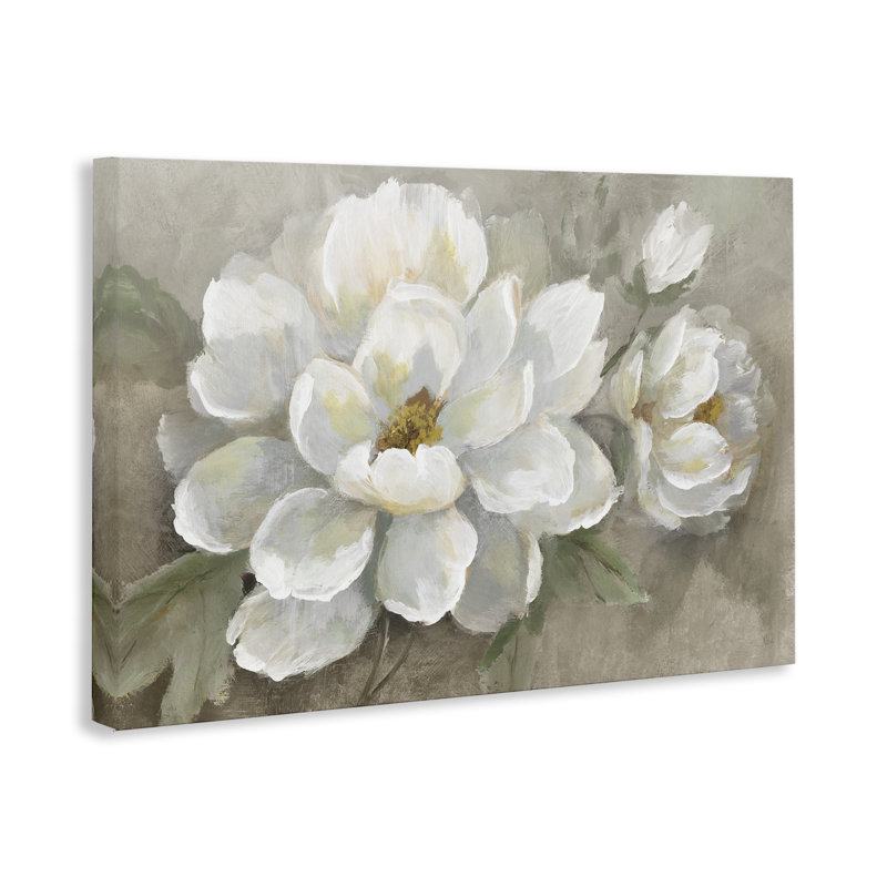 Magnolias en fleurs sur toile beige, design par Nan, H 30 po x l 45 po