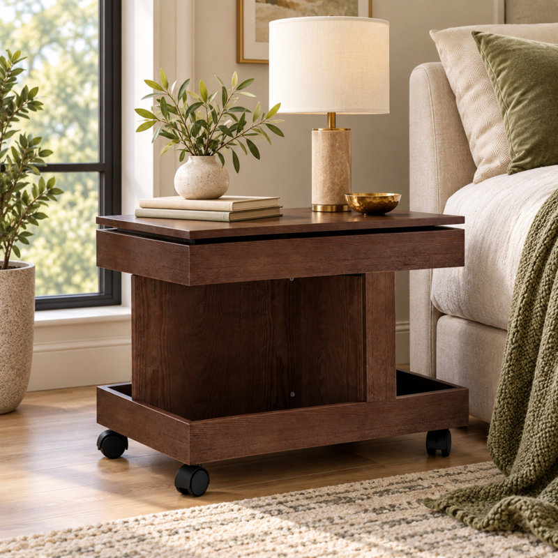 Table d'appoint roulante avec plateau pivotant à 360 degrés et rangement, Brun