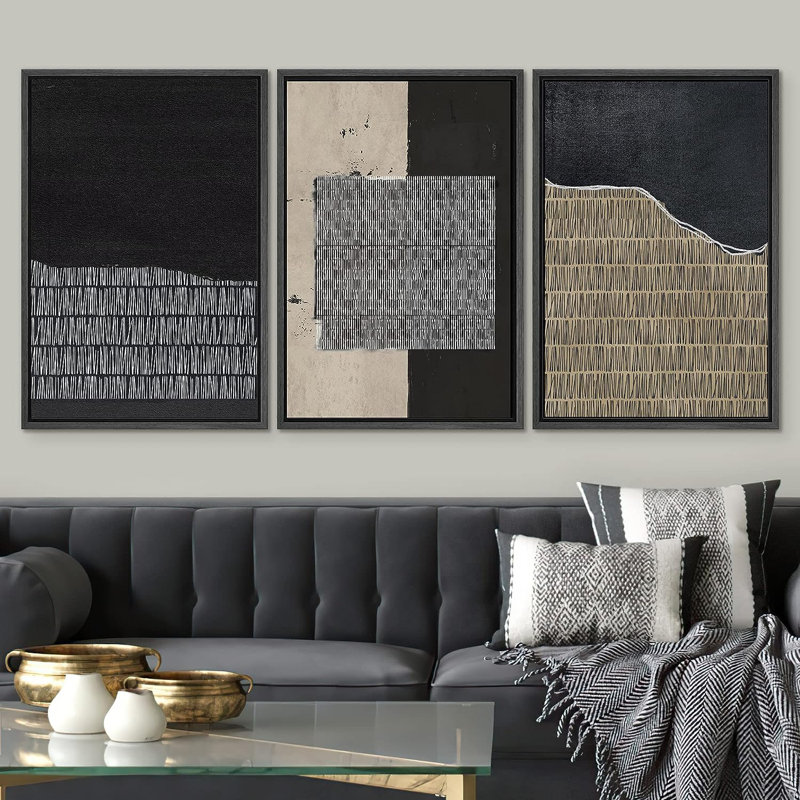 Geometric Line Black Grunge Polygon Line Pattern Abstract Shapes Drawings Framed On Canvas 3 Pieces Print, Black Framed