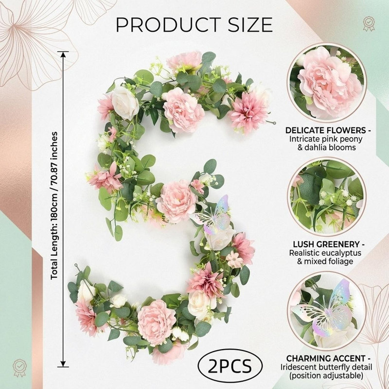 Paquet de 2 guirlandes de fleurs artificielles 6 pi, Rose