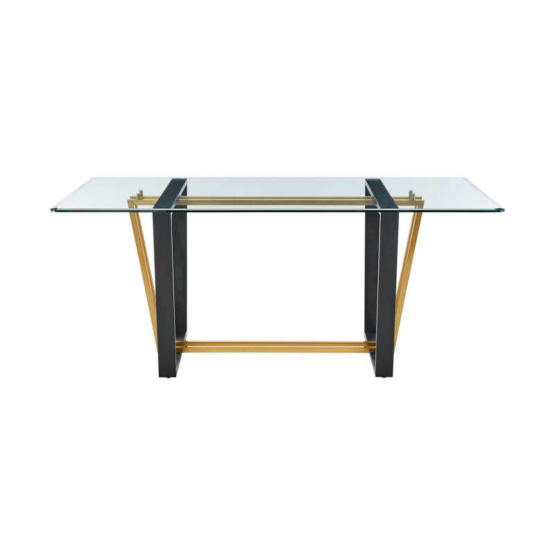 Jaqueal Contemporary 72" Rectangular Dining Table with Black Steel Base and Glass, Black/Gold