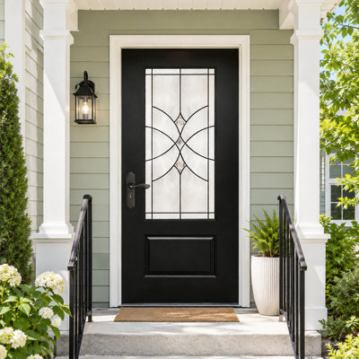 36" x 80" Contemporary Fiberglass Front Entry Door with Decorative Glass, 4-9/16" White PVC Frame and Brickmould, Knock-Down, Right-Hand Inswing, Black