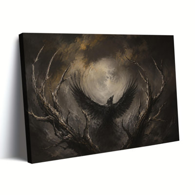 «Dark Fantasy Raven with Moon and Antler», impression sur toile tendue