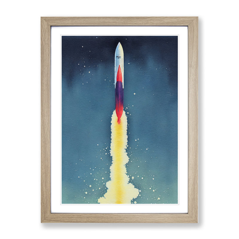 Entrancing Spaceship Rocket - Single Picture Frame Print, 46cm H x 34cm W x 2cm D, Oak