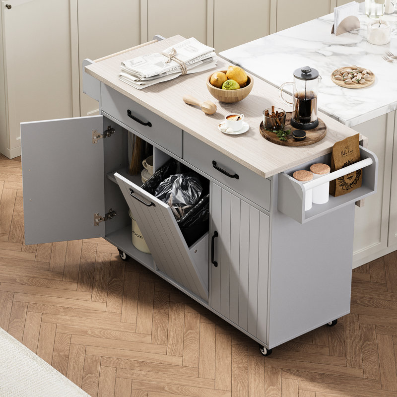 Kitchen Island With Trash Can Holder, Drop Leaf, Spice Rack, Towel Adjustable Shelf, Grey Finish Luxury Featuring Bar, Shelves,