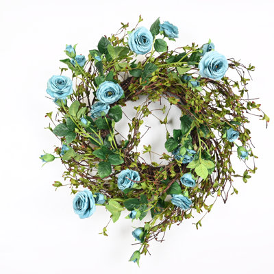 24" Artificial Farmhouse Spring Summer Rose Floral Wreath For Front Door Greenery Leaves Twig Home Wedding Party Wall Decor