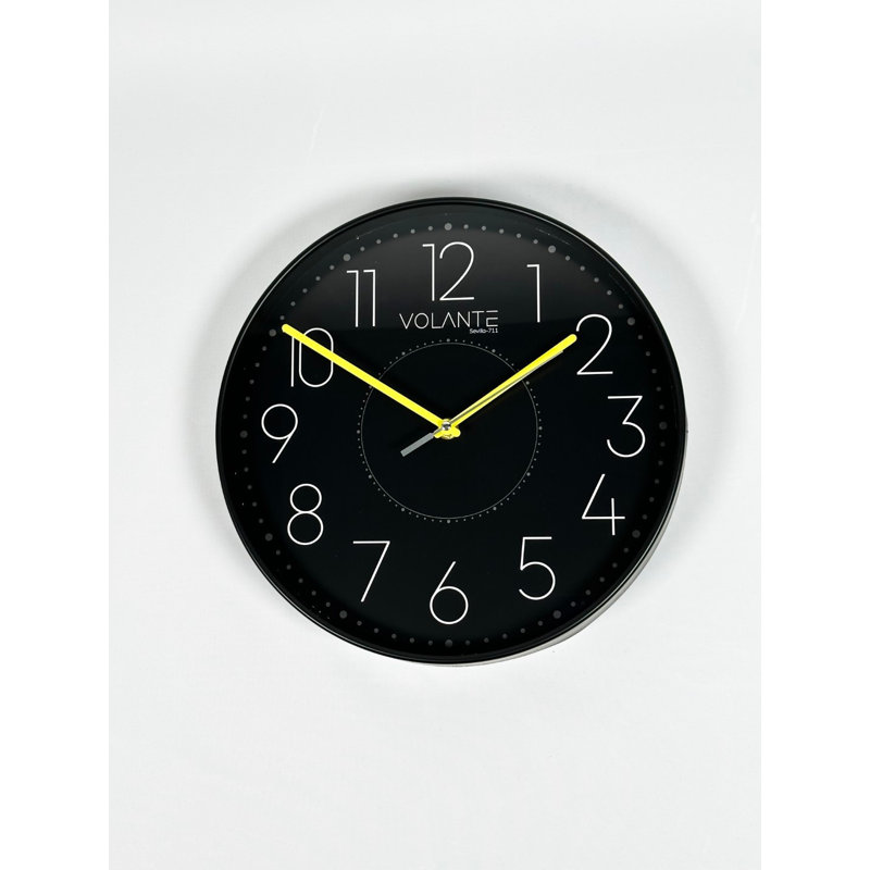 Stylish Decorative Wall Clock, 11.8 Inch Diameter, Black & Yellow | Durable 100% Plastic with Real Glass Cover, 1.8 Inch Thickness | Perfect for Home, Office, or Kitchen Décor, Modern Design & Easy to Read