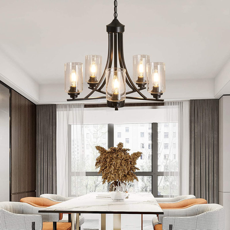 5-Light 21.25" Wagon Wheel Chandelier with Glass Shade
