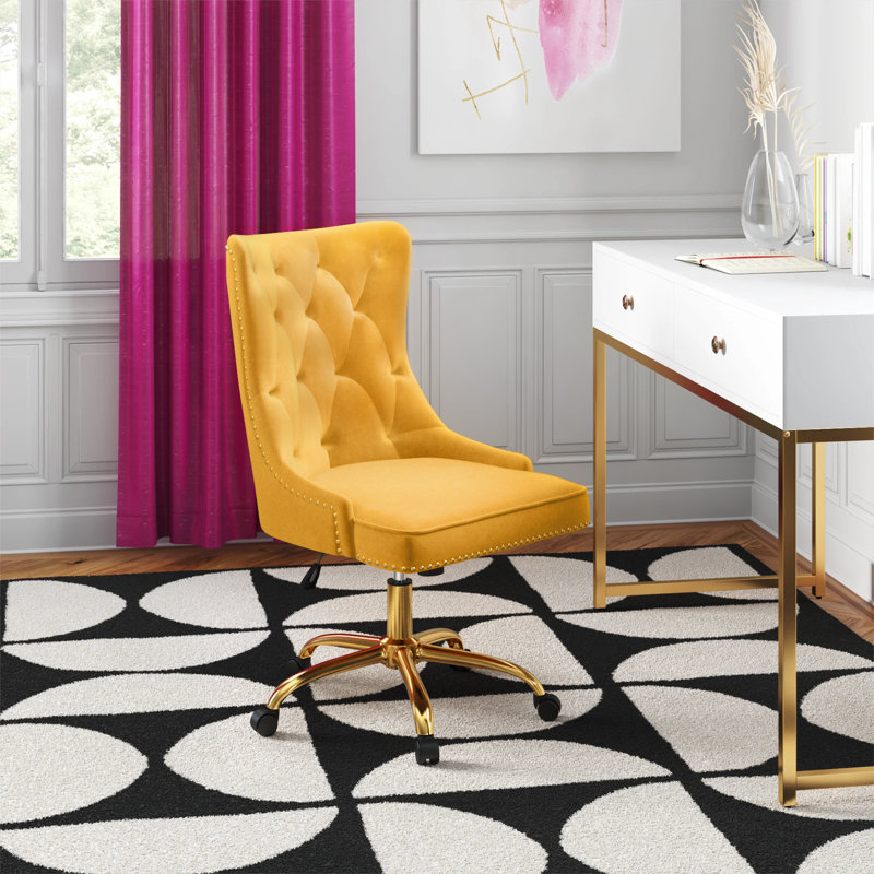Lisa Swivel Height-Adjustable Wingback Tilting Velvet Task Chair with Tufted Naihead Trim, Mustard Velvet