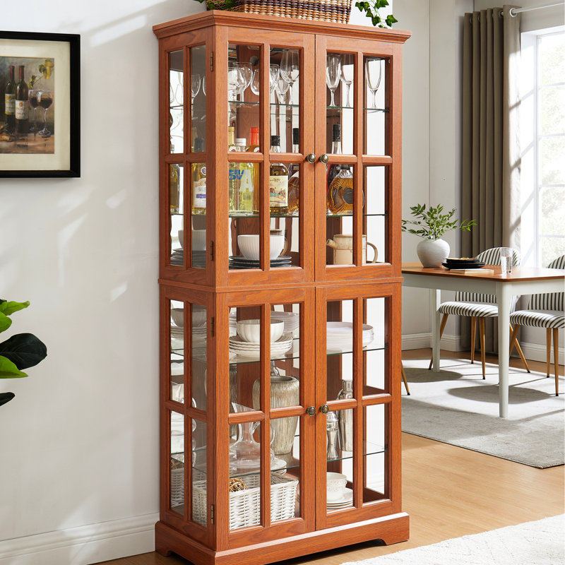 Dark Oak, Four - Door Glass Curio, Adjustable Shelves, Metal Handles, Integrated Lighting, Camera Display Antique Oak Curio Cabinet With Double Opening Doors, And Lighting For Interior Showcase