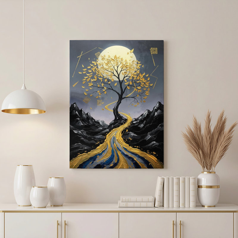 Ensemble de 1 tableau sur toile tendue représentant un paysage d'arbre doré et de lune, 1218