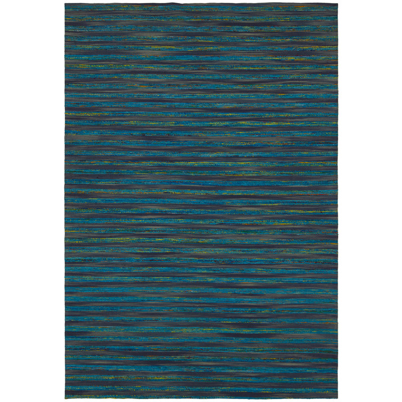 Tapis d'intérieur Ashyiah Performance tissé à la main, rayé bleu et or, en jute et soie, Rectangle 7 pi 9 po x 10 pi 6 po
