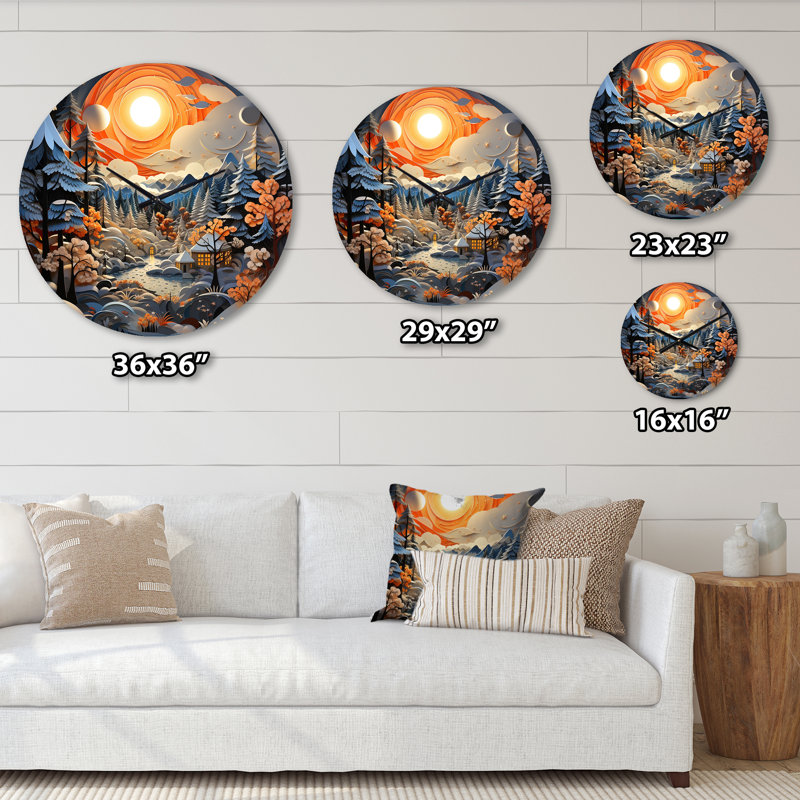 Horloge murale paysage d'hiver orange et bleu Papercut II, Moyenne