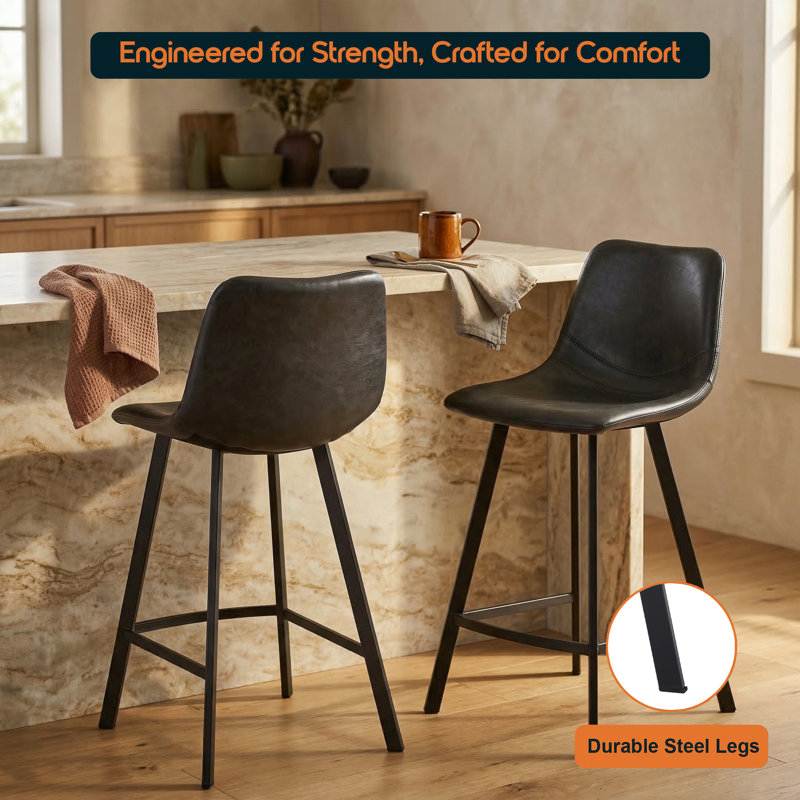 Latitude Run Modern Faux Leather Bar & Counter Stool – Armless PU Seat with Footrest, Iron Legs – Side Chair for Kitchen Island, Home Bar, Pub, Cafe, Dining Room