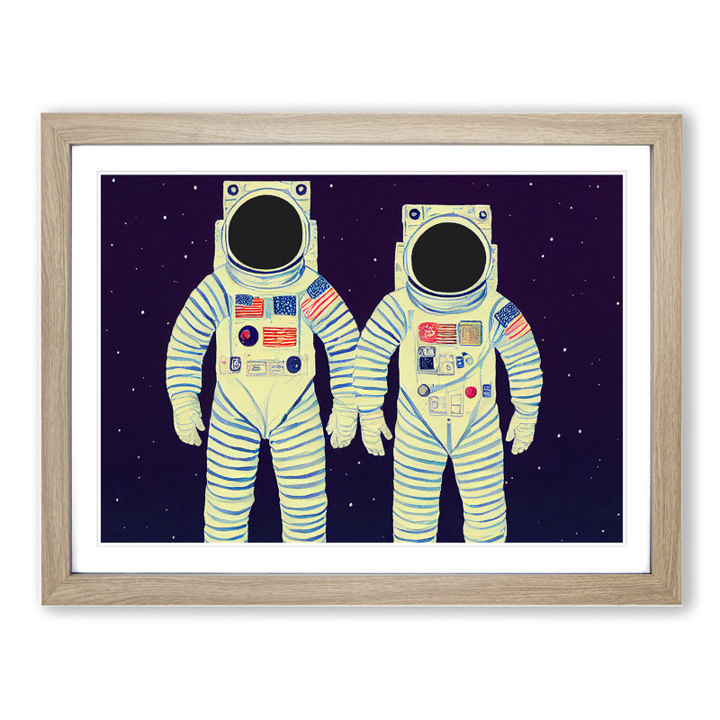 Two Retro Astronauts Vol.2 - Single Picture Frame Print, 46cm H x 64cm W x 2cm D, Oak Framed