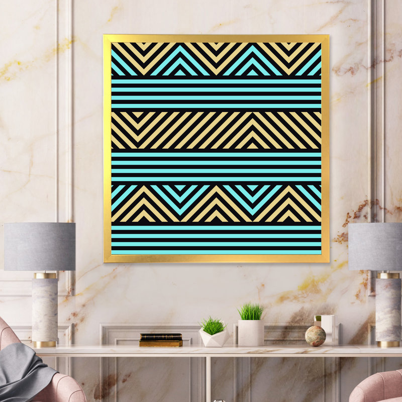 Triangles géométriques bleus et jaunes - Impression sur toile, Cadre photo doré, H 36 po x l 36 po