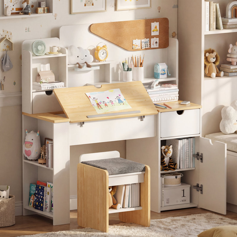 Desk and Chair Set, Wooden Study Table with Tiltable Desktop, Hutch, Drawer & Storage Cabinet, Multi-Functional Writing Desk for All Age