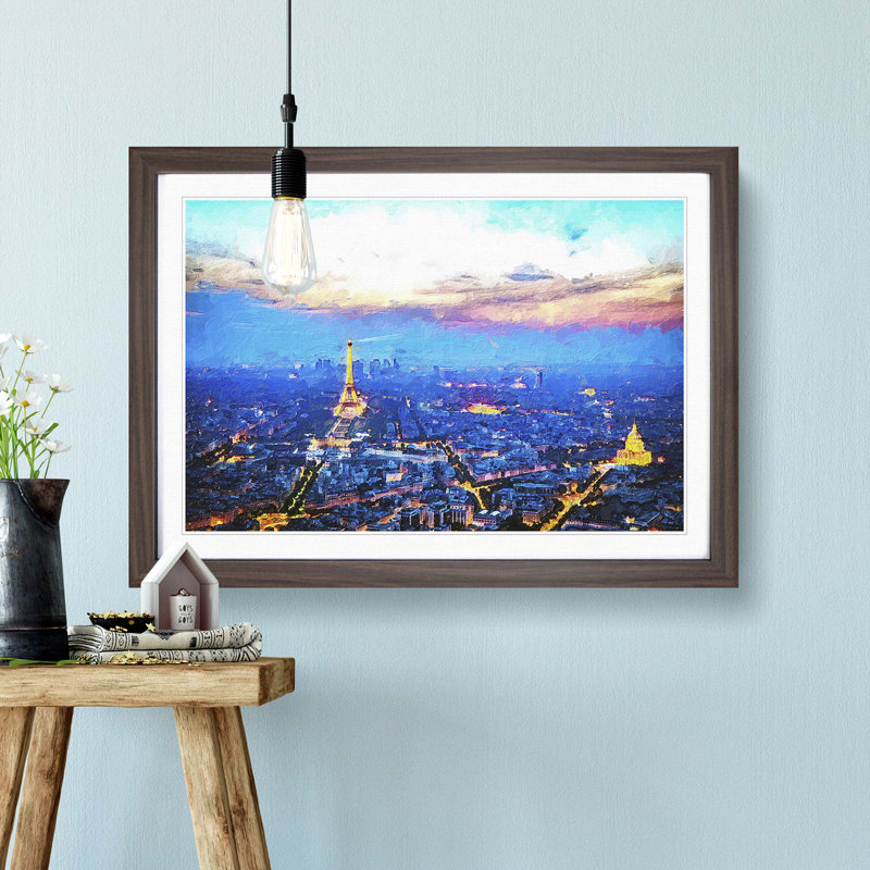 Paris Eiffel Tower Skyline at Dusk - Framed Print, 27cm H x 36cm W x 2cm D, Walnut Framed
