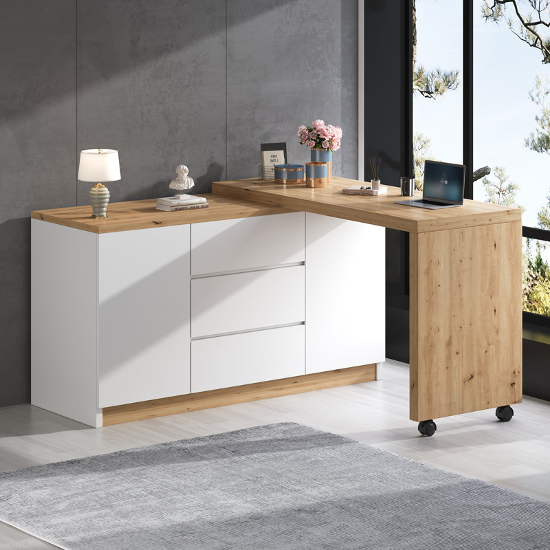 L-Shaped Writing Desk, White/Natural