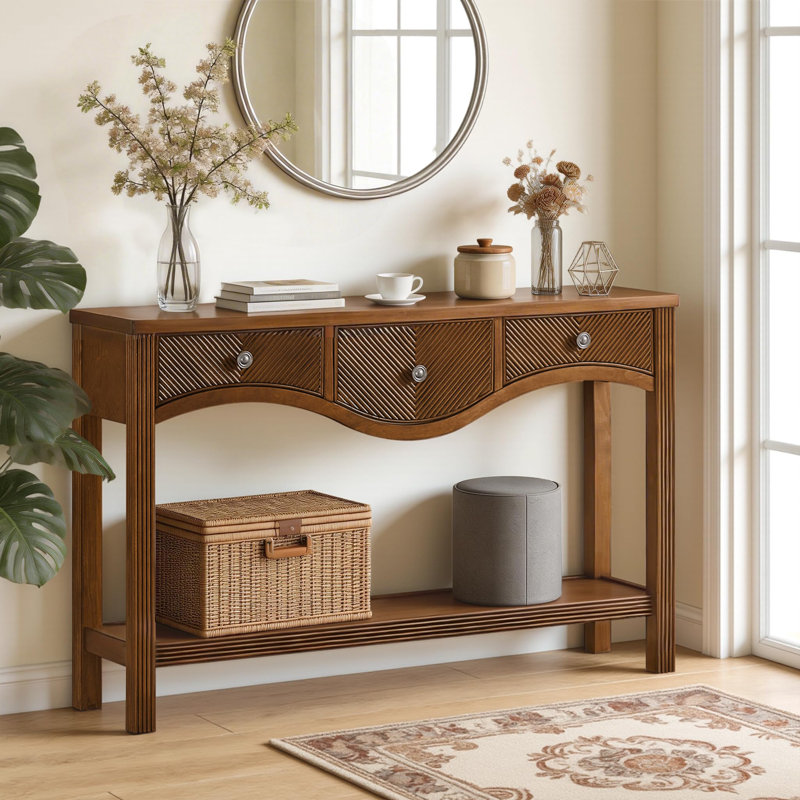 52" Retro Fluted Console Table with 3 Drawers and Scalloped Edge, Sofa Table with Solid Wood Legs for Entryway or Living Room  ,Brown
