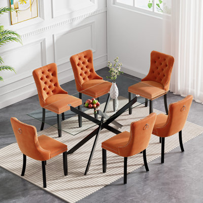 7 Piece Glass Dining Table Set for 6, Modern 60" Glass Kitchen Table with Metal Leg, Tufted Velvet Upholstered Dining Chair, Rectangle Dining Table an