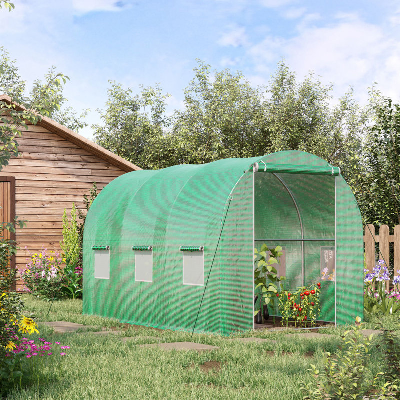 Walk-in Polytunnel Greenhouse Tunnel with Zipped Roll-Up Door & 6 Mesh Windows