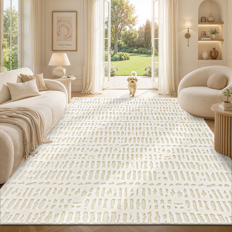  Tapis ivoire pelucheux moelleux et lavable, Rectangulaire 8 pi x 10 pi