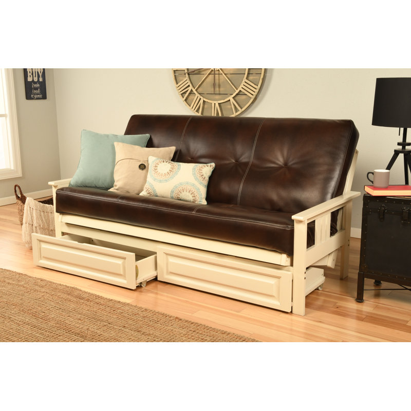 Ensemble de futon avec matelas et tiroir 79 po Stratford, Innerspring, Similicuir Java piste de l’Oregon, Blanc antique