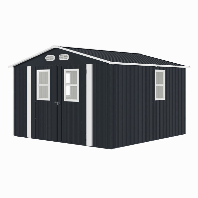 Outdoor Storage Shed, 8X8  Protective Film, Four Daylight Windows Lockable Doors,A Practical And Thoughtful Gift, Dark Gray
