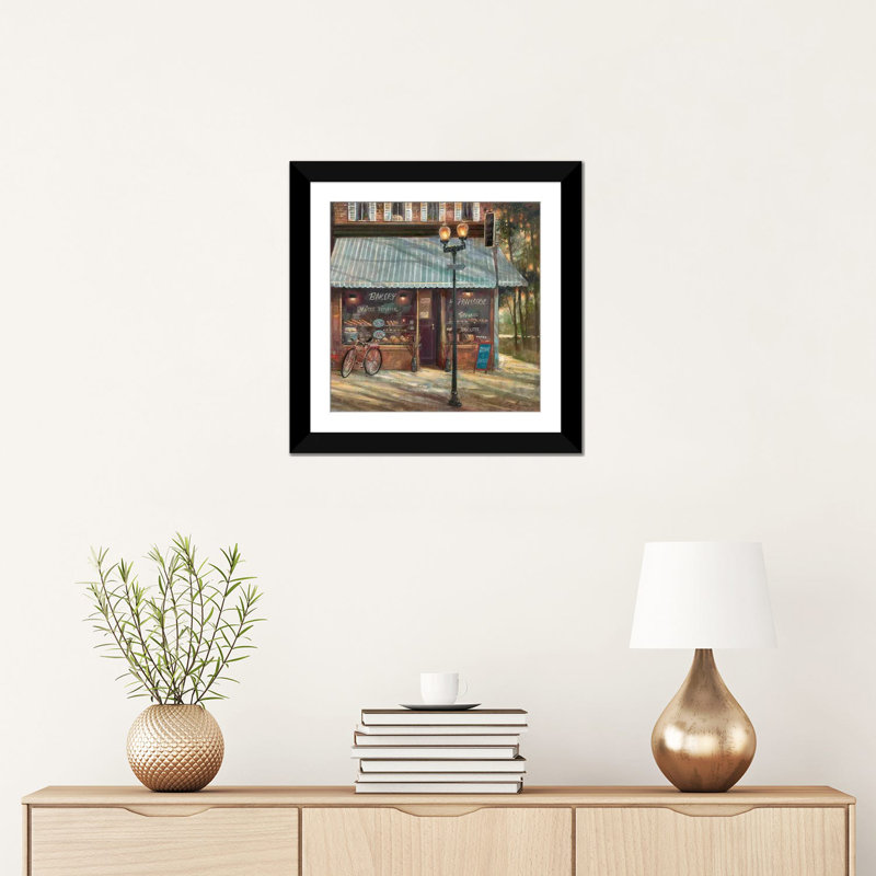 «Pastry Shop» par Roane Manning - reproduction sur toile, H 16 po x l 16 po x P 1 po, Papier d'art encadré noir, Blanc