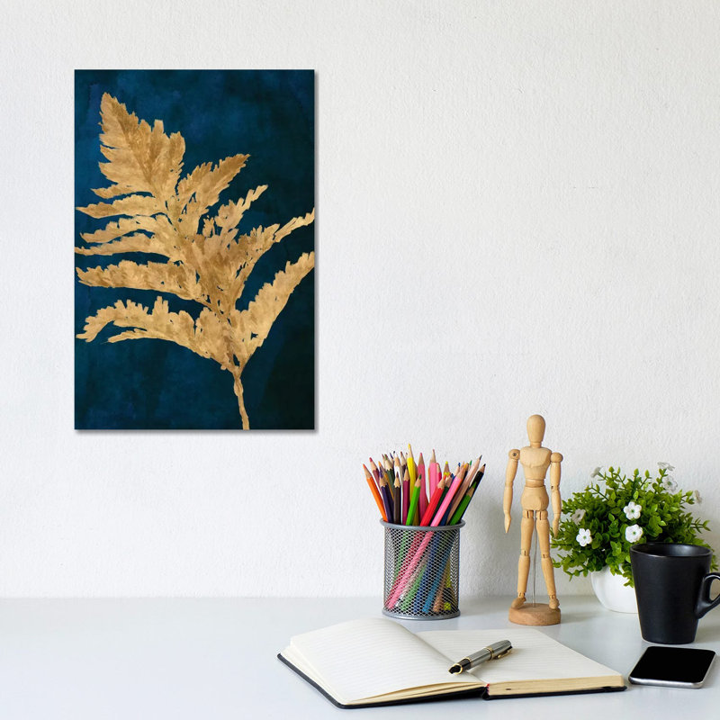Gold Leaves On Navy I by Lanie Loreth - Painting on Canvas, Wrapped Canvas, 30.48cm H x 20.32cm W x 1.91cm D