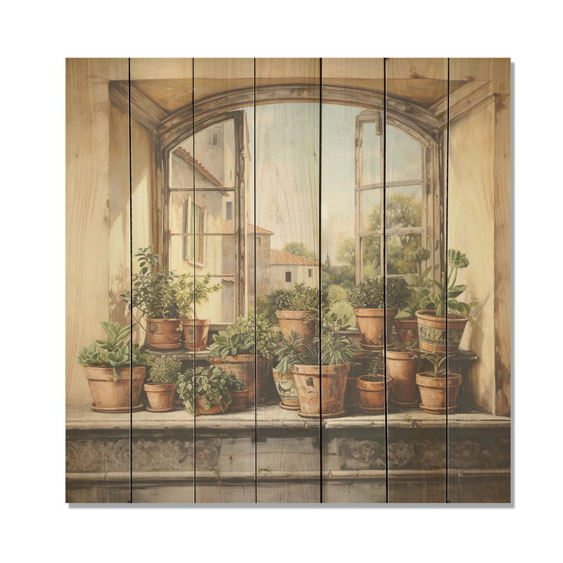 Italian Poteries Window Charm - Farmhouse Windows On Wood Print, 15" H x 15" W