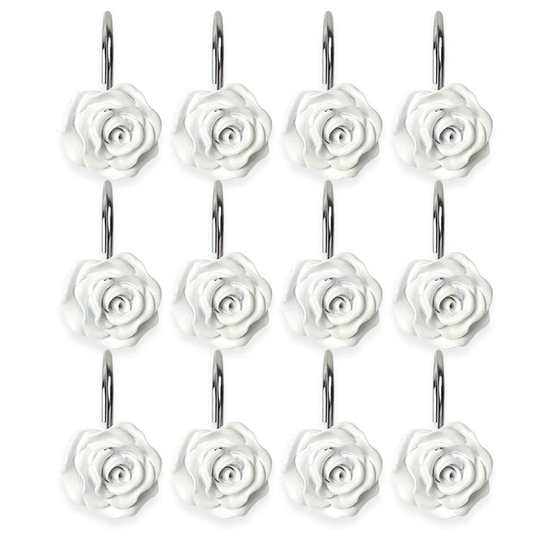 12 pièces de crochets de rideau de douche, crochets de rideau de douche antirouille décoratifs à la maison, résine, fleur rose, crochets, anneaux pour tringles de douche (blanc)