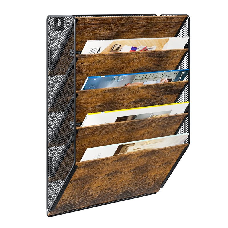 Wall File Organizer For Office, 5-Tier Rustic Hanging File Holder Wall Storage Rack For Documents/Magazine/Literature/File Folders/Mails/Envelopes, Brown