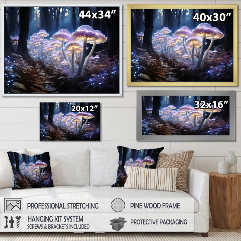 Champignons magiques mauves dans une forêt enchantée - impressions d'art mural champignon, 12" H x 20" W, Toile tendue