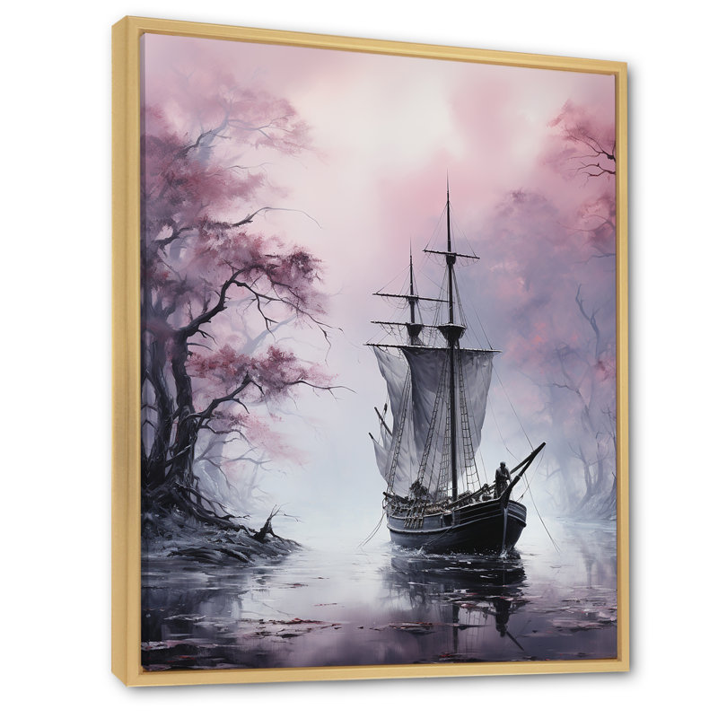 Mystic Pirate Boat Voyage I - Bateau côtier, art mural, Cadre flottant brun, H 20 po x l 12 po x P 1 po