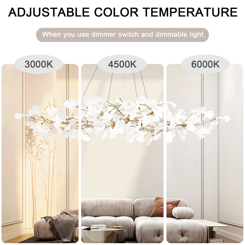 Lustre en céramique avec feuilles de ginkgo, H 21 po x l 47 po x P 47 po