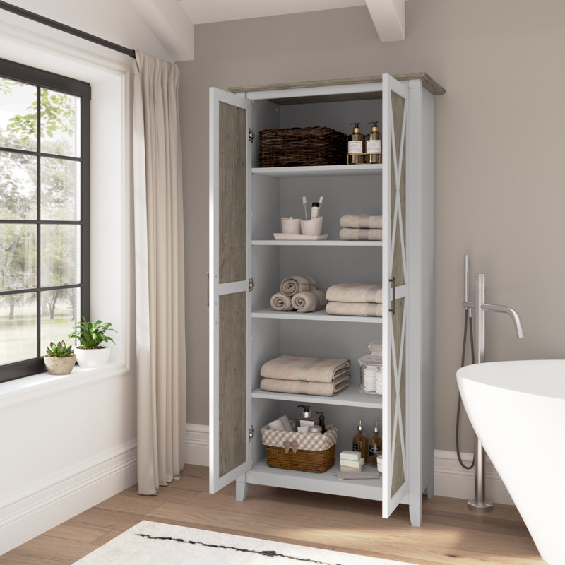 Armoire de salle de bain autoportante en bois d'ingénierie Huckins, Gris déclin / blanc pur