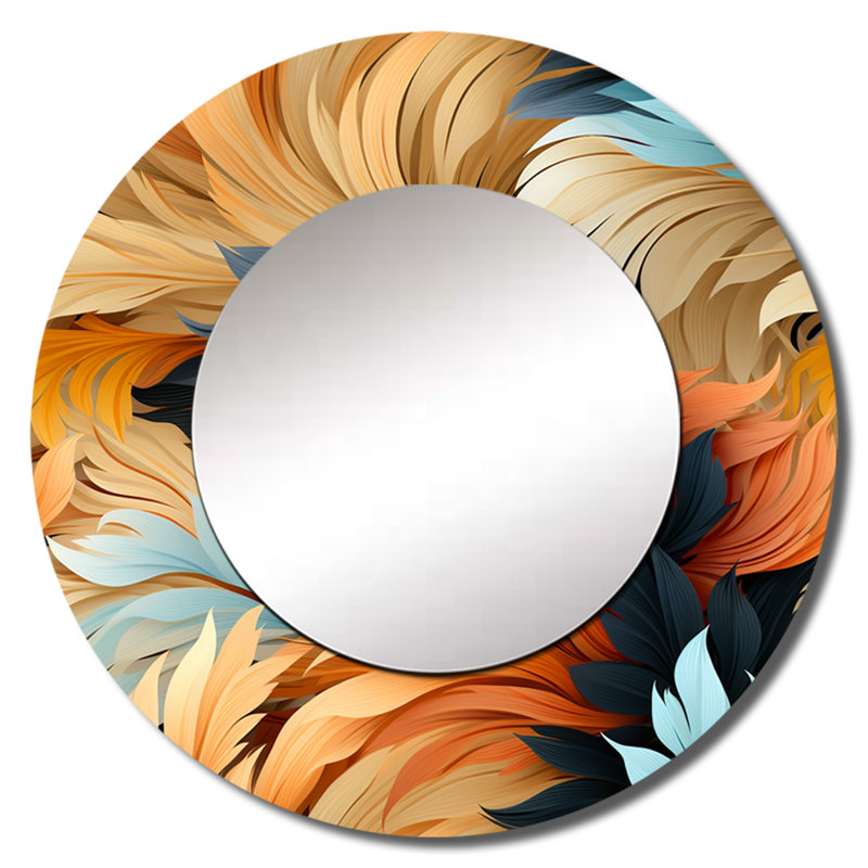 Rodnika Earthy Tones Boho Inspire Feather - grand miroir floral, décor de miroir mural rond beige unique, impression sur métal