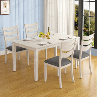 5 Piece Rectangular Dining Table Set for 4, Solid Rubberwood Kitchen Table with 4 Ladder Back Upholstered Dining Chairs, Modern Farmhouse Wooden Dinin