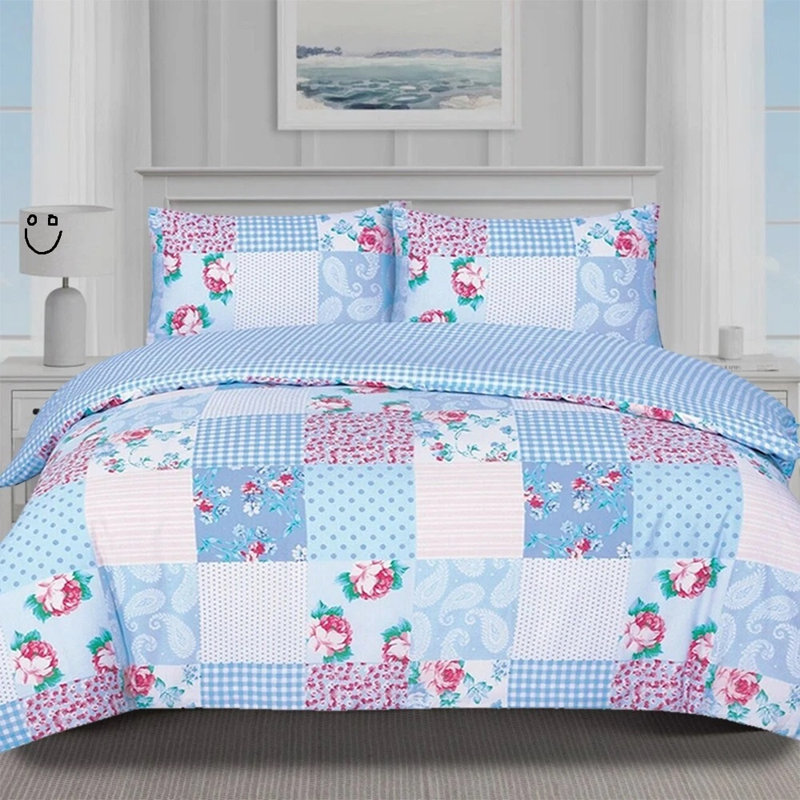Bedding, King Duvet Cover + 2 Standard Pillowcases, Patch Work Floral Blue