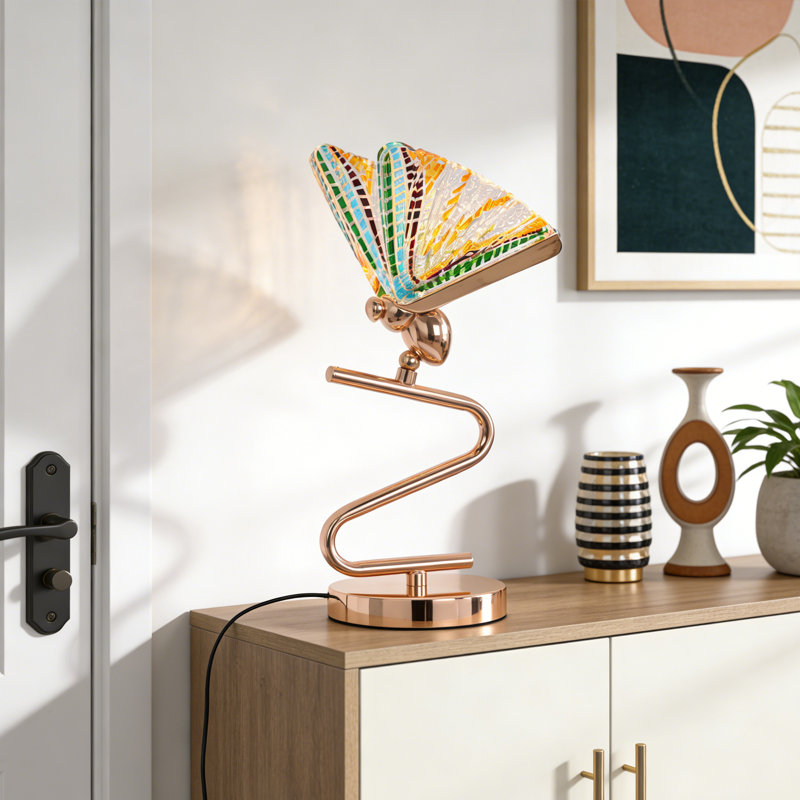 Mosaic Stained Glass Style Accent Table Lamp With Gold Finsh, 3-Color Dimmable Led Light