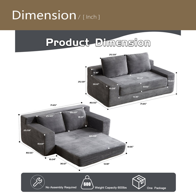 Loveseat Sofa, Comfortable Deep Seat Sofa Bed, Modern Small Corduroy Couch For Living Room Bedroom,Reversible Cushion With Pillows