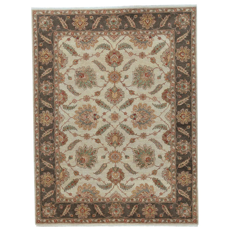 Tapis ivoire / beige / bleu en laine noué à la main de conception unique 8 pi 11 po x 11 pi 8 po