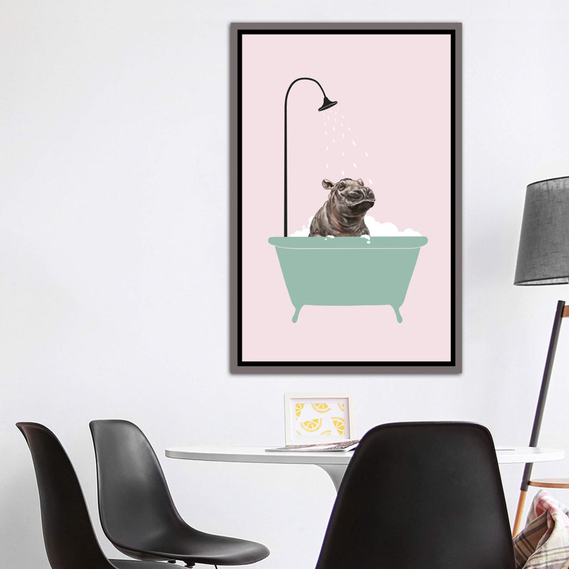 Hippopotame dans une baignoire, art encadré, H 60 po x l 40po x P 1,5 po, Toile encadrée de bois rustique foncé