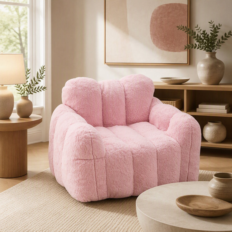 Pouf pour adulte, sans montage, avec anneau de traction, garnissage en mousse mémoire et base antidérapante., Polyester rose