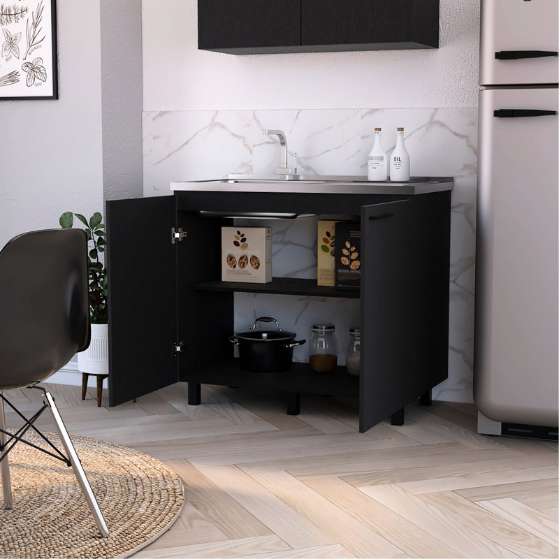 Évier et armoire utilitaire noirs avec portes élégantes avec rangement pratique pour l'espace de cuisine, Noir